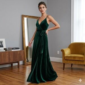 Bill Levkoff Green Velvet Wrap Formal Event Evening Dress Women’s 14